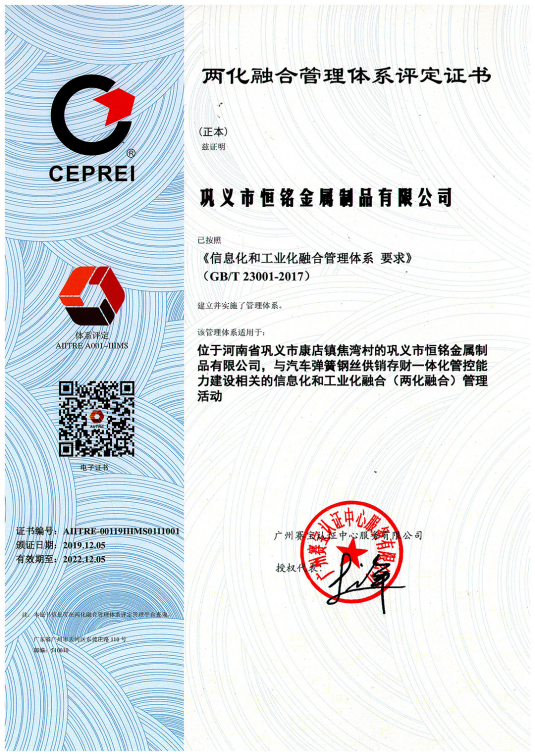 2019年12月5日我公司獲得《兩化融合管理體系評定證書》